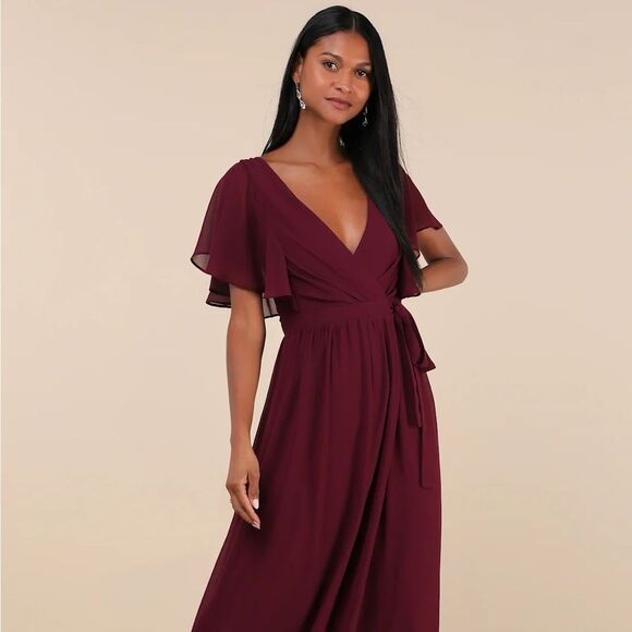 Lulus Convincing Grace Burgundy Flutter Sleeve Wrap Maxi Dress Size Large NEW - Picture 9 of 12